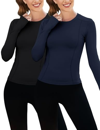 IECCP Damen Sport T-Shirt 2er Pack Funktionsshirt Laufshirt Fitness Shirt Trainingsshirt Langarm für Running Workout Gym mit Daumenlöcher Schwarz und Dark Blau M