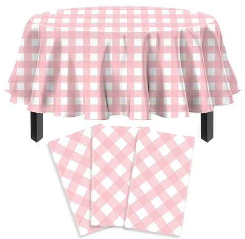 Confezione da 3 tovaglie rotonde rosa e bianche circolari a scacchi, classica tovaglia rotonda rosa, decorazioni per interni ed esterni, per picnic, barbecue, feste di vacanza, 213 cm