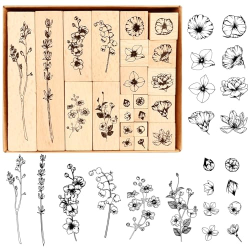 22 Stück Holzstempel mit Zweige & Blütenblätter - DIY Motivstempel | Blumen Stempel Set für Scrapbooks Tagebücher DIY Karten & Beschriften - Nicht wiederholendes Naturpflanzen Motivstempel