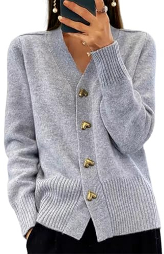 shownicer Gilet Femme Cardigan Manches Longues Tricoté Chic et Elégant avec Boutons à Col en V Ouvert sur Le Devant Décontracté Manteau Mode Pull A Gris M