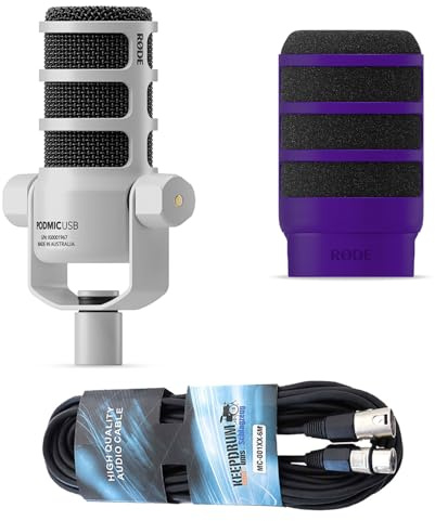 Rode Podmic USB XLR Dynamisches Sprecher-Mikrofon Weiss mit WS14PU Popschutz und keepdrum XLR-Kabel