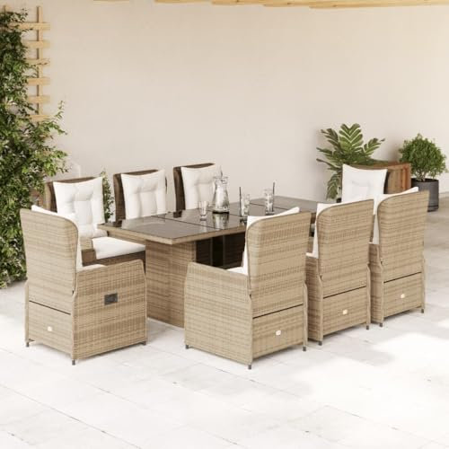 IKAYAA Rattan Essgruppe für 8 Personen,Gartenmöbel Essgruppe mit Tisch Glas und 8 Verstellbare Hochlehner Stühlen, Garten Sitzgruppe inkl. Sitzkissen Beige und Creme