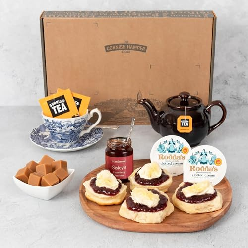 Gluten Free Cream Tea Hamper with Fudge | 2 Gluten-Free Scones, Fudge, Cornish Tea, Jam & Clotted Cream | Hampers for Women & Men, Birthdays, Christmas