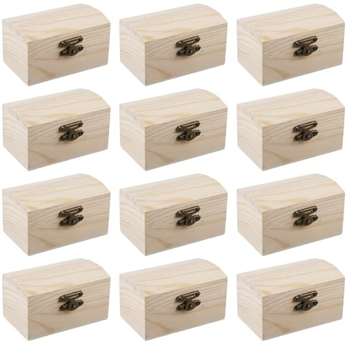 12 Stück 9x5,5x5CM Schatztruhe aus Holz mit gebogenem Deckel und Metallverschluss Mini holzkiste mit Vintage-Verschluss Scharnieren Schatzkiste für Geburtstags-Piratenpartys Geschenke Schmuckkasten