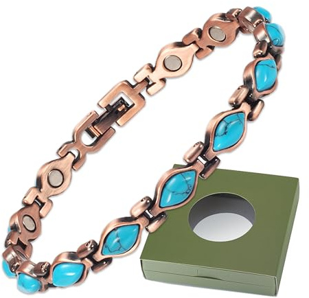 Ull magnetiskt koppararmband för kvinnor, magnetiskt armband för kvinnor, turkost smycke med 3500 gauss-magnet (med presentlåda) (typ F), Eine Grösse, Koppar, Agat