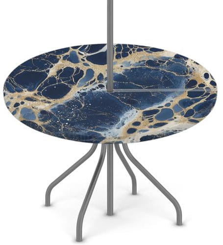Woltant Nappe ronde avec trou de parasol et fermeture éclair facile à nettoyer avec bords élastiques - Protection de table d'extérieur pour jardin, terrasse, barbecue - Bleu foncé
