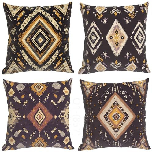 Geometrie Kissenbezug 80x80 cm, Outdoor Kissen Retro Muster Design, 4er Set Doppelseitig HD Drucken Wetterfest Leinen Kissenbezüge mit Unsichtbarem Reißverschluss für Outdoor Deko Kissen Aesthetic