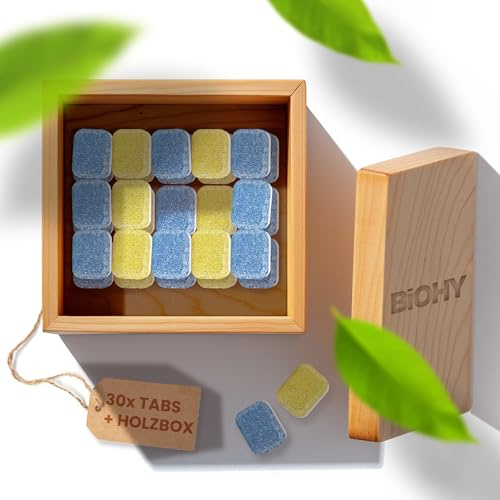 BiOHY All-in-One Spülmaschinen Tabs (30 Tabs) + Aufbewahrungsbox aus Holz | Phosphatfrei |Für die tägliche Reinigung von Geschirr & Besteck | Gegen hartnäckigste Fett- & Essensreste