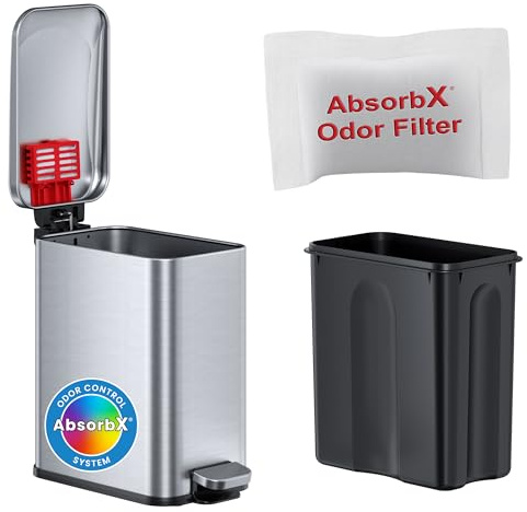 iTouchless 1.32 Gallon SoftStep 2.0 Bathroom Trash Can with Odor Absorber, Small Stainless Steel Step Pedal Garbage Bin with Removable Inner Bucket, Next Gen Quiet Close Lid Technology, Home Office