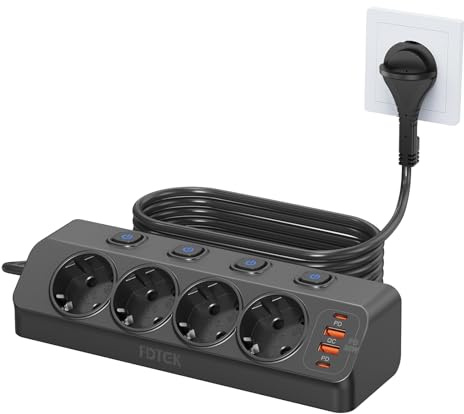 Multipresa 4000W con Protezione da Sovratensioni, Ciabatta Elettrica da Scrivania con Ricarica Rapida USB-C PD20W, Presa con 4 Interruttori Indipendenti, Adatta per Angoli, Cavo 2 Metri, Nero