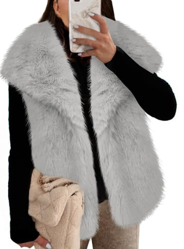 Cicy Bell Womens Oversized Faux Fur Vests Fuzzy Warm Open Front Lapel Sleeveless Fluffy Cropped Winter Coats Outerwear
