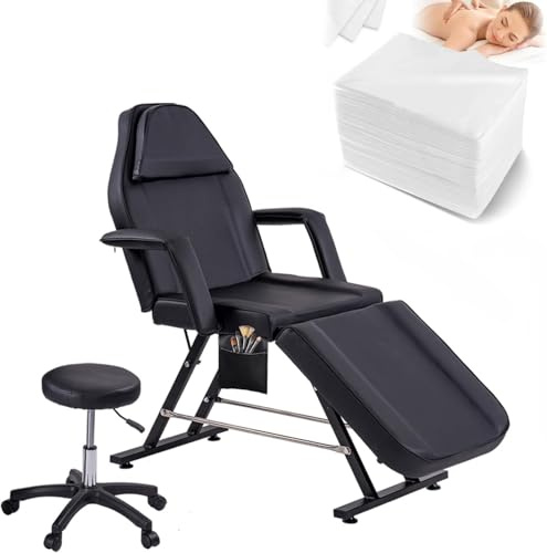 LSLIFE Beauty Bed Massageliege mit Hocker & Laken 3 Abschnitt verstellbare Massagetisch Tattoo Stuhl mit abnehmbaren Armlehnen Kopfstütze Salon Wimpern Bett für Spa Salon (Schwarz)