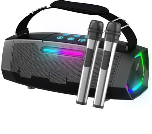 Máquina de karaoke con altavoz de 40 W, luces RGB y dos micrófonos inalámbricos para actuaciones grupales (negro)