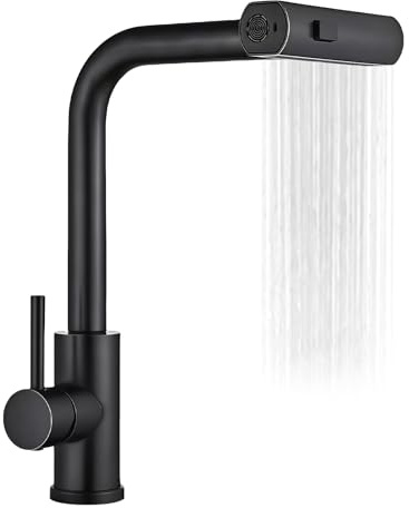 BAIFULAI Waterfall Robinet de cuisine extensible noir haute pression avec douchette extractible Robinet d'évier avec 3 types de jet, pivotant à 360°, cascade en acier inoxydable brossé