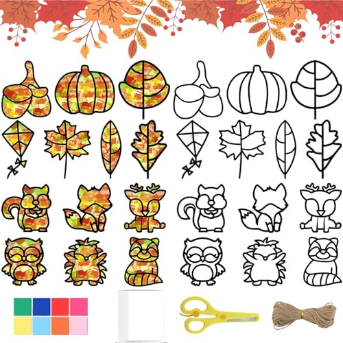 Xbessc 13 Stück Herbst Basteln Kinder, DIY Herbstdeko Kränze Bastelset, Kreative Fensterbilder Herbst mit Schere Hanfschnur für Fenster Wände Weihnachten Halloween Thanksgiving Craft Dekoration