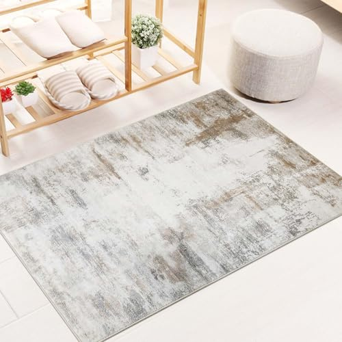 Famibay Alfombra Habitacion Antideslizante Alfombra Entrada Lavable Beige Marrón Moderno Abstracto 60x90cm Pelo Corto Alfombras Salon Pie De Cama Dormitorio