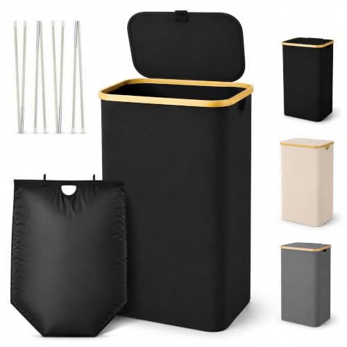 Trimming Shop 100L Foldable Laundry Hamper with Lid & Bamboo Frame (Black) | Waterproof, Self-Standing, Easy Storage Foldable Laundry Bag Hamper for Bedroom, Bathroom, Dorm, Laundry Room
