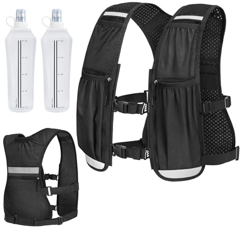 Wiserset Laufweste für Damen & Herren mit Zwei 500-ml-Trinkflaschen | Ultraleichte Verstellbare Trinkweste mit atmungsaktivem Mesh und Reflexstreifen für Wanderungen, Radtouren und Marathons