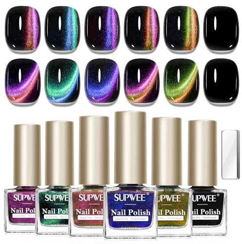SUPWEE Magnetic Nail Polish Set, 5 Colour High Glossy Cat Eye Nail Polish | with Black Nail Varnish Air Drying Holographic Glitter Manicure DIY Salon Gift for Women Girls