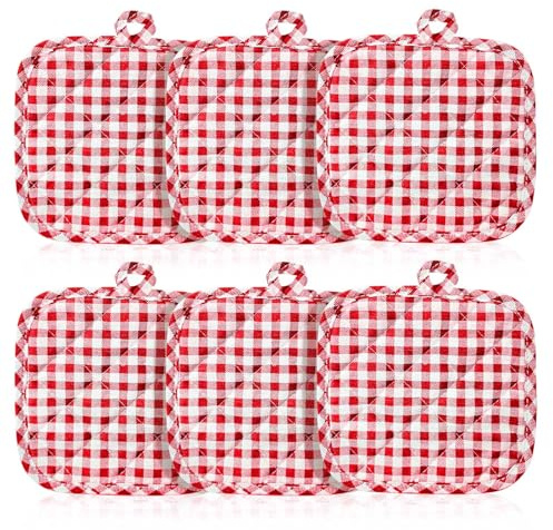 Set di 6 presine da cucina a scacchi, in cotone, resistenti al calore, guanti da forno e presine (rosso a scacchi)