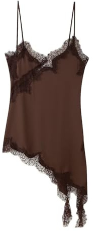 Encaje de verano asimétrico casual tirantes delgados mini vestido fluido boho línea A para cita nocturna, marrón, S