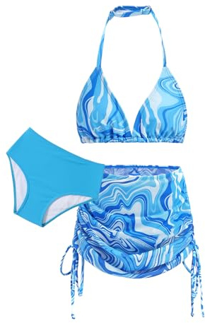 Arshiner Niñas Conjunto de Bikini 3 Piezas Niños Cuello Halter Tankini de Tres Piezas con Falda Verano Impresión Traje de Baño Bikinis para Niñas 7-15 Años