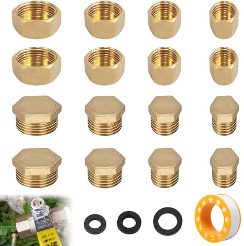 Brass Blanking Cap, 16 PCS Brass Blanking Nut Cap, 1/8, 1/4, 3/8, 1/2 Inch Female Blanking Stop Cap with Washers Hex, Brass Plumbing Fittings for Washing Machine and Radiator Valves