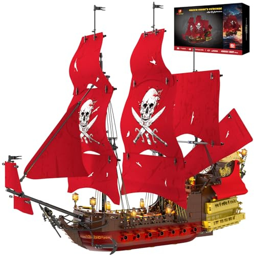 JMBricklayer Piratenschiff Klemmbausteine Erwachsene mit licht, Revenge Piraten Schiffe Bausteine Modell 40003, Groß Ausstellungs Bauspielzeug Dekor, Geschenk für Pirates Fans Kinder ab 14 Jahren