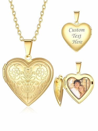 Custom4U Personalisierte Medaillon Kette für Damen - Kette mit Foto Gravur Herz Medaillon zum Öffnen, Silber/Gold/Schwarz 50 cm Kette Länge Personalisierte Geschenke für Mama Ehefrau (mit Geschenkbox)