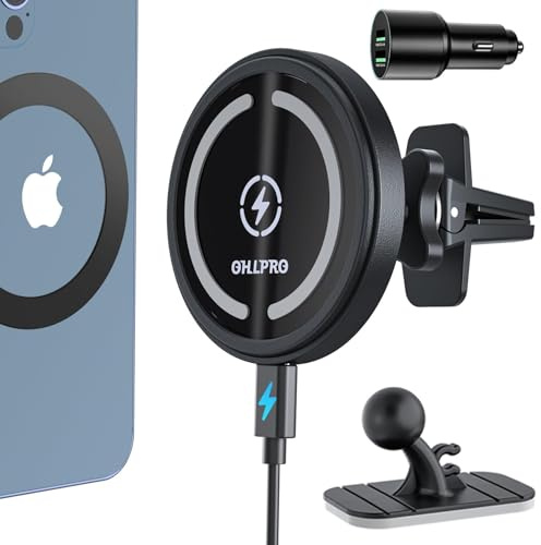 OHLPRO MagSafe Kfz-Ladehalterung, 15 W QC 3.0 Schnellladung für iPhone 17 Pro Max, Pro, Plus, 16, 15, 14, 13, 12 Serie, Selbstklebende Handyhalterung für Armaturenbrett und Lüftungsschlitze