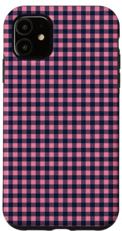 Custodia per iPhone 11 Blu Navy Rosa Mini Gingham Carino Piccolo Check Preppy