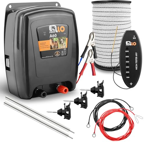 Ellofence Weidezaun Set für Pferde | 12V Komplettset mit 200m Weideband | Für einen zuverlässigen Pferdezaun | Inklusive Weidezaungerät 12V, Erdung, Isolatoren und LED Zaunprüfer