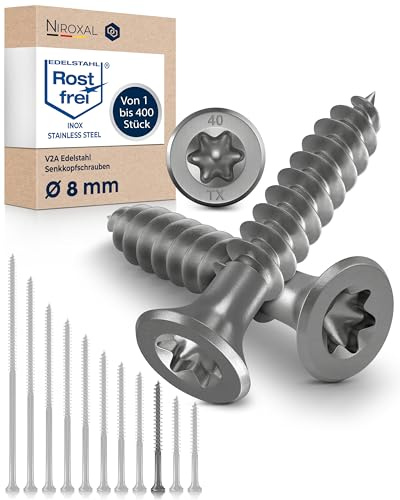 Vis à bois inox A2 V2A H2 Torx TX tête fraisée 90° filetage total 8 mm HEAVY DUTY 8x70 mm – 50 pcs vis bois structure