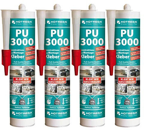 HOTREGA PU 3000 Montagekleber 4x 310 ml hellbeige | Konstruktionskleber mit hoher Anfangshaftung | extrem schnell aushärtend, natursteinverträglich, witterungsbeständig