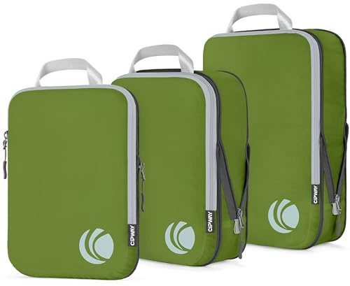 Cipway Set di cubi da imballaggio a compressione, organizer da viaggio espandibile ultraleggero per bagaglio a mano (verde, 3 pezzi)