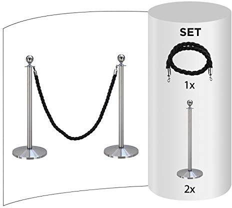 Set da 2 pezzi FLEXIBARRIER sistema di controllo del flusso di persone barriera con cordone -Basic- (Argento) supporto per cordone/supporto di barriera (2 pali + 1 cordone nero)