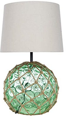 Lámpara marinera de mesa con forma de boya náutica con malla en cabo de cáñamo, lampara náutica de sobremesa Ø30cm, con pantalla cilíndrica en color crudo E27, Boya de cristal de color Verde