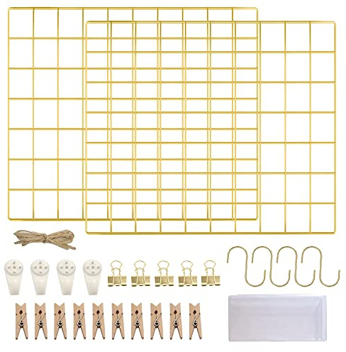 LOYONAL Dekorativt vägggaller, guld – metallfotogaller – anslagstavla rutnät, fotovägg, metallgaller – gallervägg, foto-rutnät – 2-pack rutnät vägg | Metallnät fotovägg och gallervägg för foton, vykort och anteckningar, perfekt för sovrum och kontor