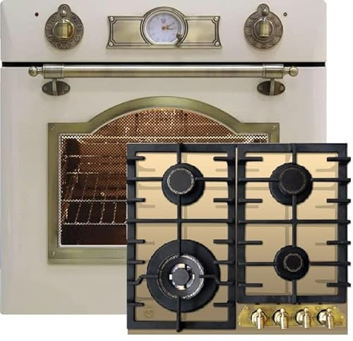 Kaiser Küchengeräte Set four EH 6355 ElfEm+KCG 6335ElfEm, Autark, Rétro 8 fonctions + Plaque de cuisson au gaz 60 cm, Ivoire Verre Rétro 3,8 kW WOK, Facette + Avant Plaque métallique