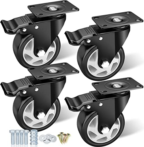 Casters, 4 Caster Wheels，Casters Set of 4 Heavy Duty - ASRINIEY Black Polyurethane Castors, Top Plate Swivel Wheels, 4-Pack Industrial Casters with Brake, Locking Casters for Furniture and Workbench