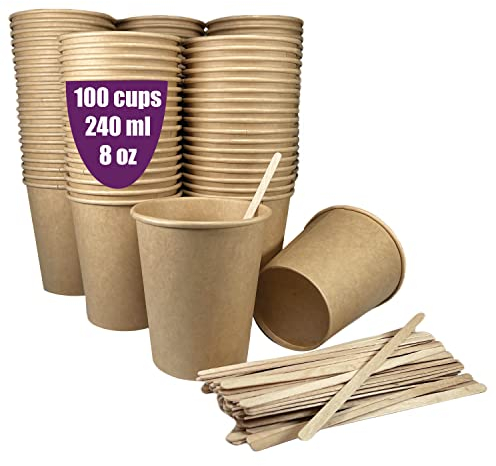 100 gobelets jetables kraft de 240 ml / 8 oz, gobelets en carton kraft jetables avec bâtonnets en bois pour café américain, café au lait et boissons rafraîchissantes. À emporter