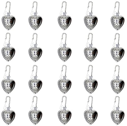 MIAO JIN 20 pezzi in acciaio inox infusore per tè a rete a forma di cuore colino da tè con catena cucchiaio di zucchero setacci per farina di zucchero, diffusore per foglie sciolte, spezie, condimenti