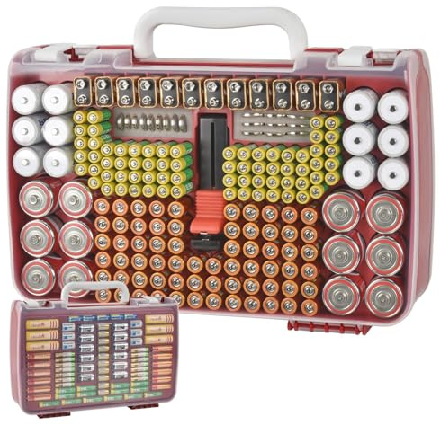 Xuerdon Batterie Aufbewahrungsbox Für 269 AA AAA 9V C DBatterien Mit Tester | Robuste Kunststoff-Hartschale, transparenter Deckel und Tragegri, für Familien Werkstatt Garage - Nur Box