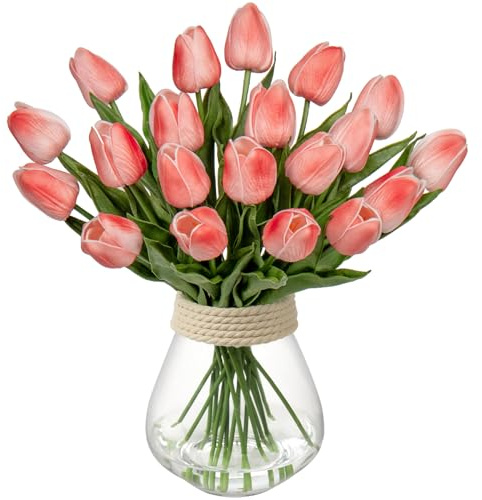 Briful 20PCS Artificial Tulips Real Touch Salmon Artificial Flowers Bulk Fake Tulips PU Latex Material Faux Flowers Wedding Bouquet for Garden Party Home Decoration
