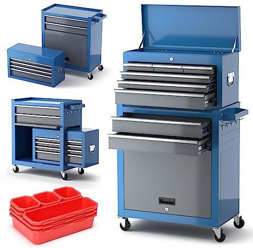 AIRAJ Large Tool Cabinet with 7 Boxes for Storing Tools | 4 Wheels |10 hooks | 8 Drawers | Lockable Tool Chest | Tool Cabinets for Workshops and Factories.