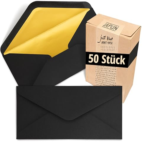 Japun – Briefumschläge (50 Stück), Kuvert, Umschlag ohne Fenster - DIN lang - 220 x 110 mm - innen: Gold - Papier-Farbe: schwarz