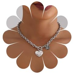 Atentuyi Boho Punk Heart Pendant Necklace Silver Heart Toggle Necklace Chunky Paperclip Link Chain Necklace Twisted Rope Cuban Choker Disc Necklace Jewelry for Women and Girls