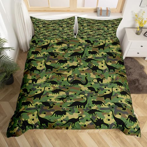 jejeloiu Dinosaur Kids Comforter Cover Set Full Size Camouflage Bedding Set for Boys Girls Teens Decor Jungle Dino Duvet Cover Set Military Style Bedspread Cover Bedroom Quilt Cover