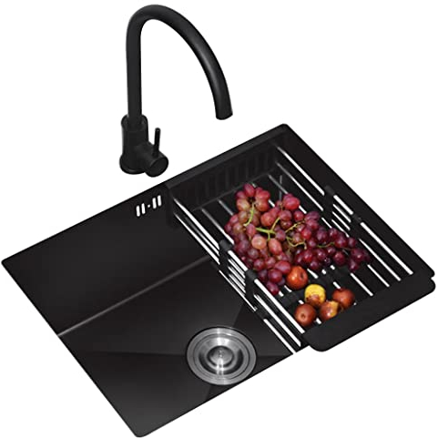 Wasserhahn für Küchenspüle, Waschbecken, Schwarze Nano-Küche, 304 Edelstahl, integrierte Mini-Einzelschüssel für die Küche, mit Wasserhahn und Zubehör (Farbe: Schwarz, Größe: 55 x