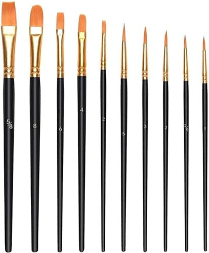 Nylon Paint Brushes (10 Pcs), Acrylic Gouache Oil Paint Brush Set, Oil Painting for Beginners, Artists (Black)